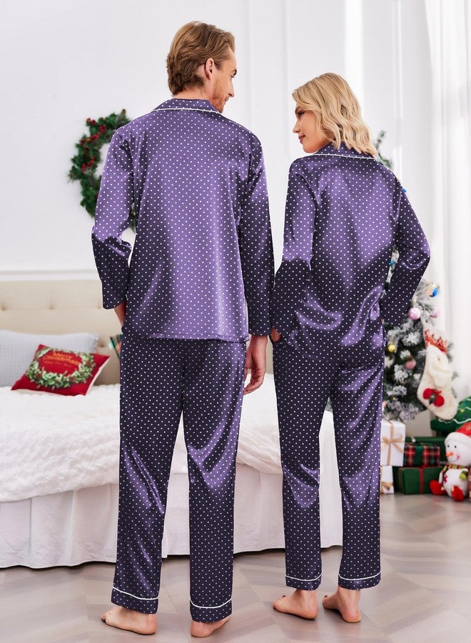 Ekouaer Couples Matching Pajamas Silk Long Sleeve Sleepwear Satin Soft Button Down Loungewear Pjs Set,Navy White Polka Dots,S - Image 2